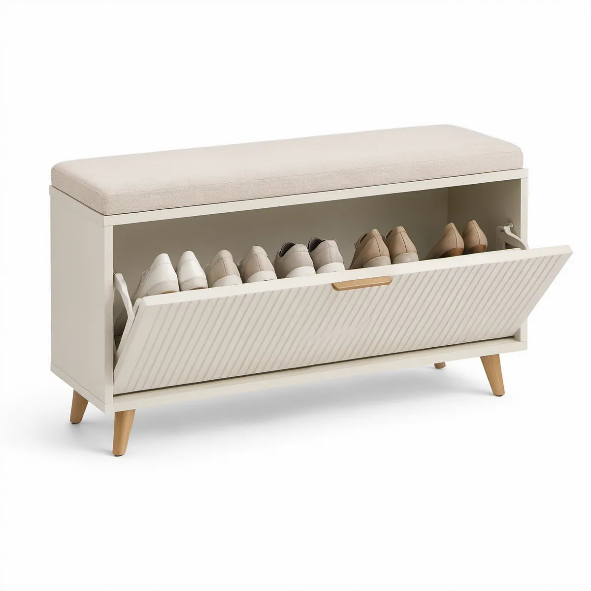 Botník s čalouněným sedákem a výklopným úložným prostorem, 100 × 35 × 50 cm, bílý/béžový/přírodní hnědý