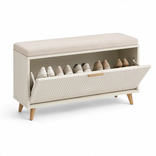 Botník s čalouněným sedákem a výklopným úložným prostorem, 100 × 35 × 50 cm, bílý/béžový/přírodní hnědý