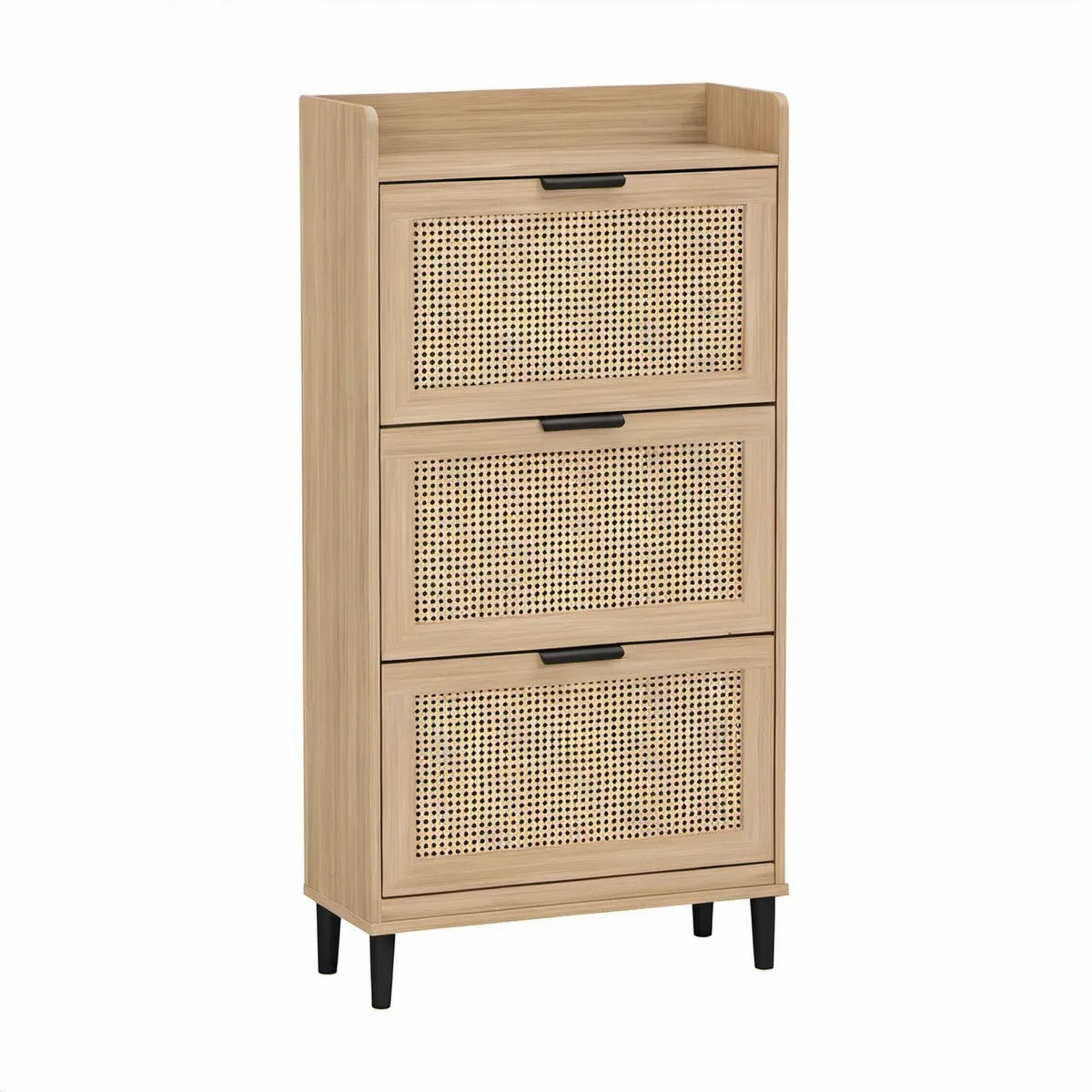 Botník se 3 výklopnými přihrádkami z MDF a ratanovým výpletem, světlý dub, 63 × 24 × 120 cm