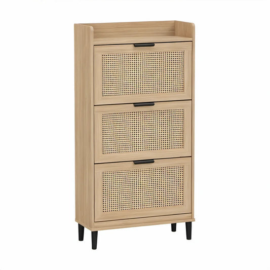 Botník se 3 výklopnými přihrádkami z MDF a ratanovým výpletem, světlý dub, 63 × 24 × 120 cm